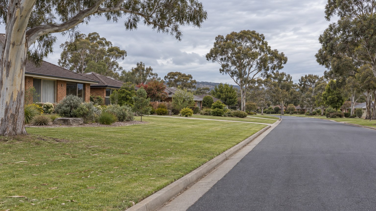 Wide suburban Canberra-style street with concrete kerb, mown grass verge, mature eucalyptus trees and single-storey brick homes