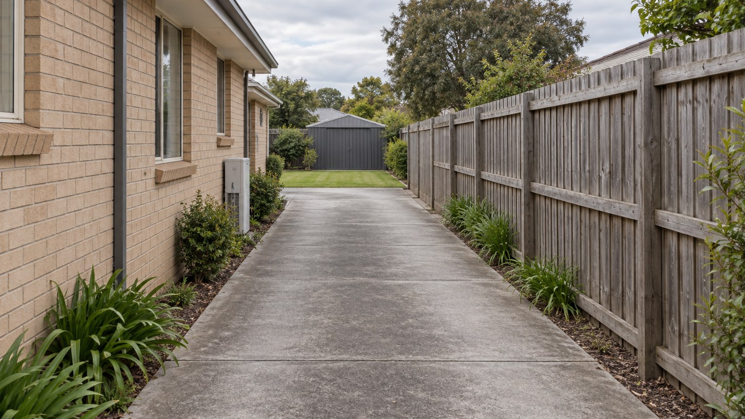 Illustrative view along a narrow side access driveway between two suburban houses toward a rear yard