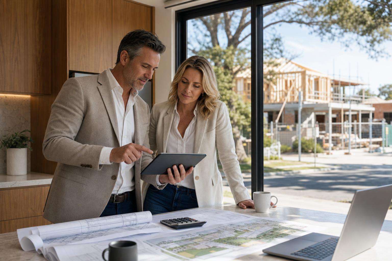 Builder and investor reviewing insurance paperwork on a construction site