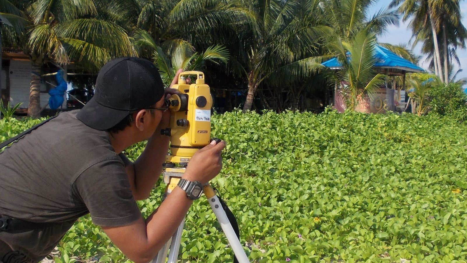 Land surveyor using a theodolite on a tripod to measure a site