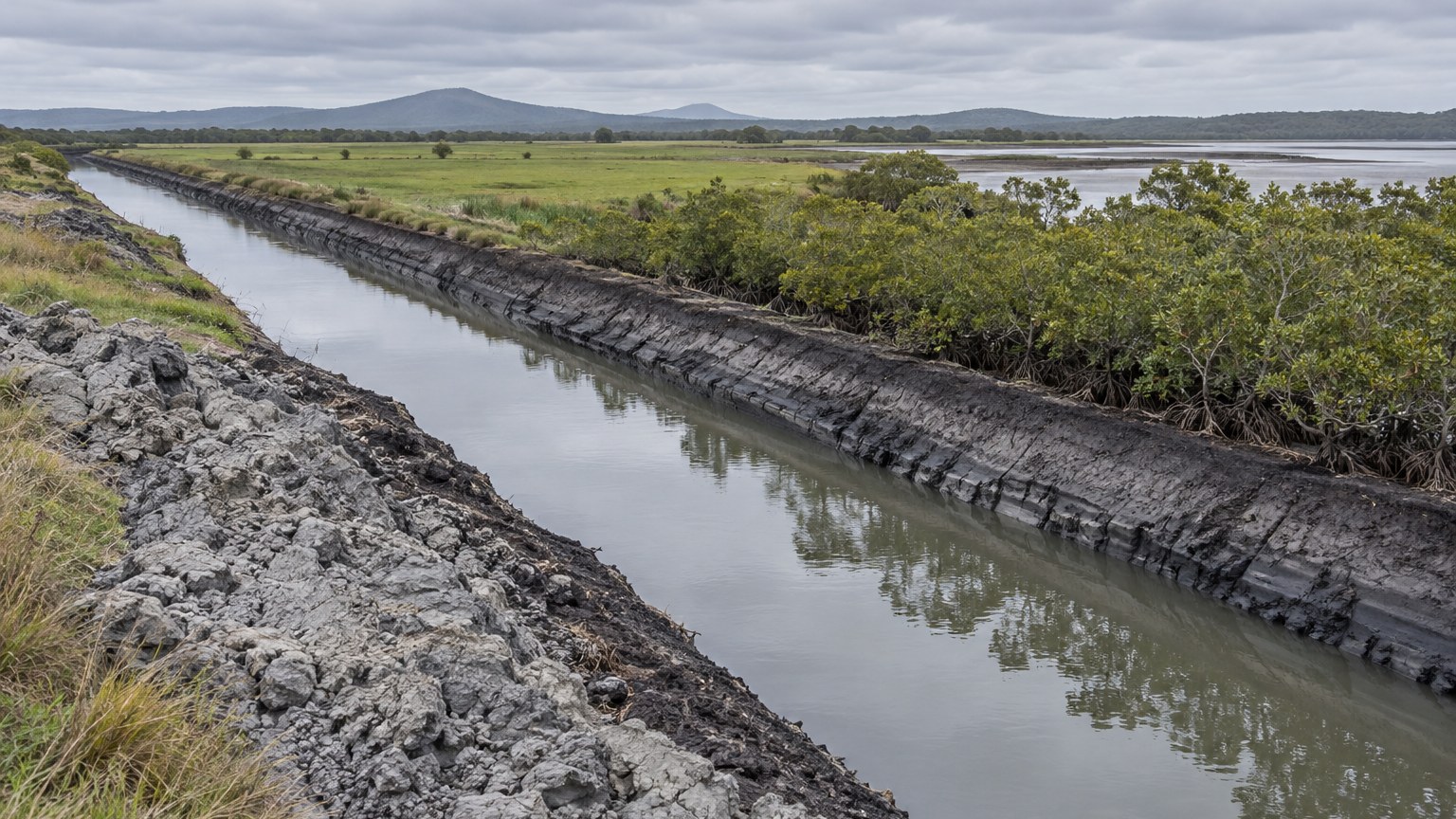 Open drainage channel cut through coastal floodplain with grey clay spoil