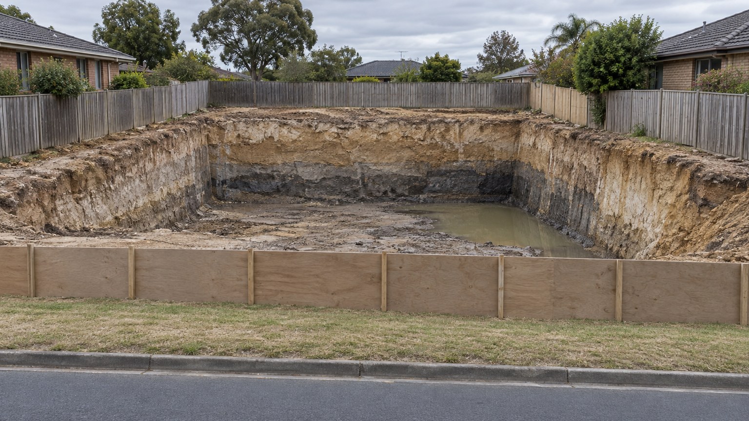 Deep building excavation with clean clay batters in a suburban Australian street, groundwater pooled in the lowest corner of the dig, timber fences and single-storey houses along the boundary and a quiet sealed road in the foreground