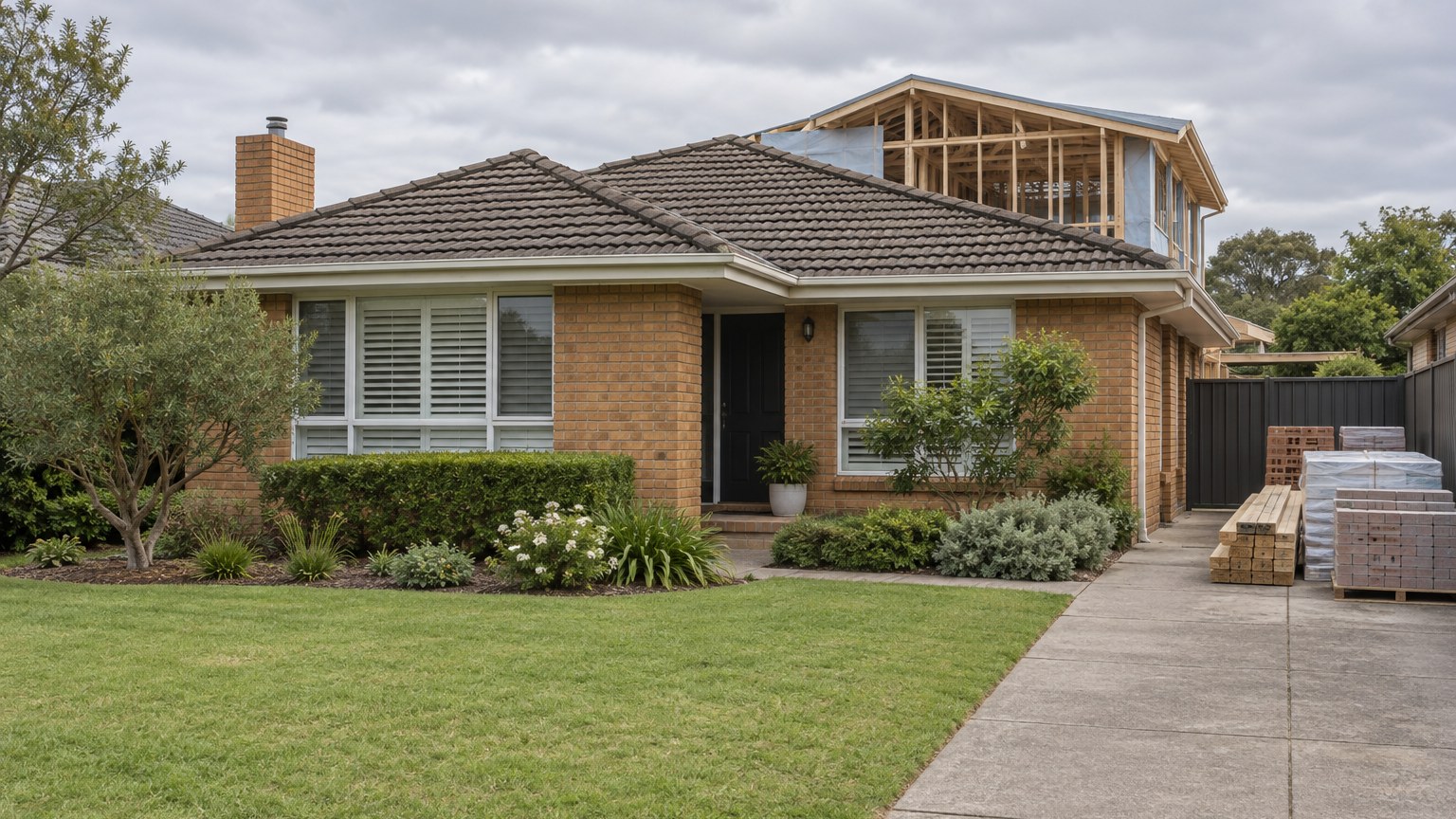 Illustrative wide view of an Australian brick and tile suburban house with a partly built rear addition rising behind the original roofline