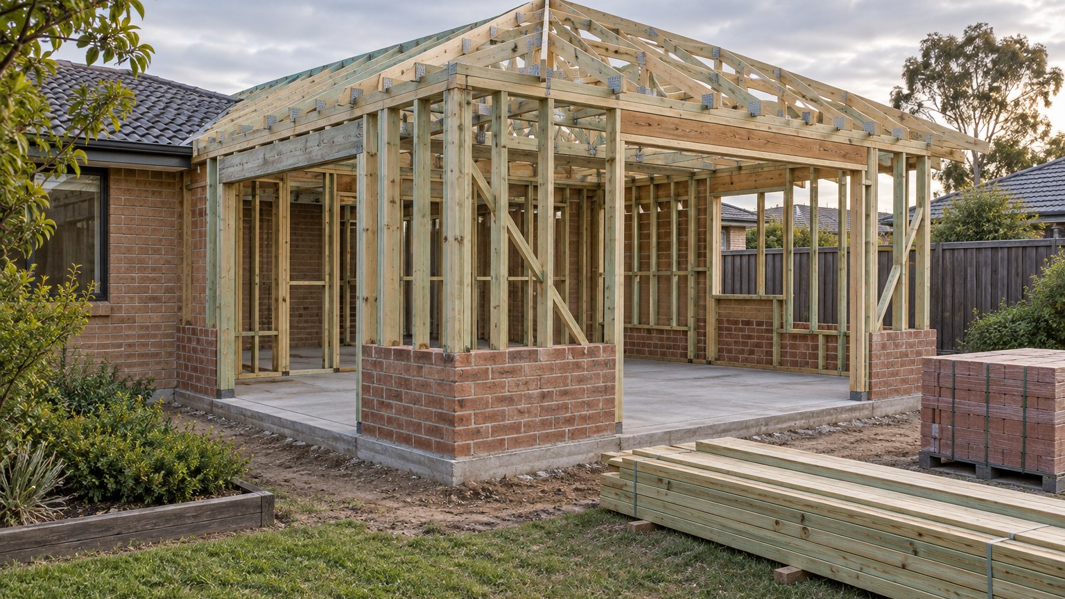 Illustrative view of a partly framed single-storey residential addition with timber studs and brickwork underway