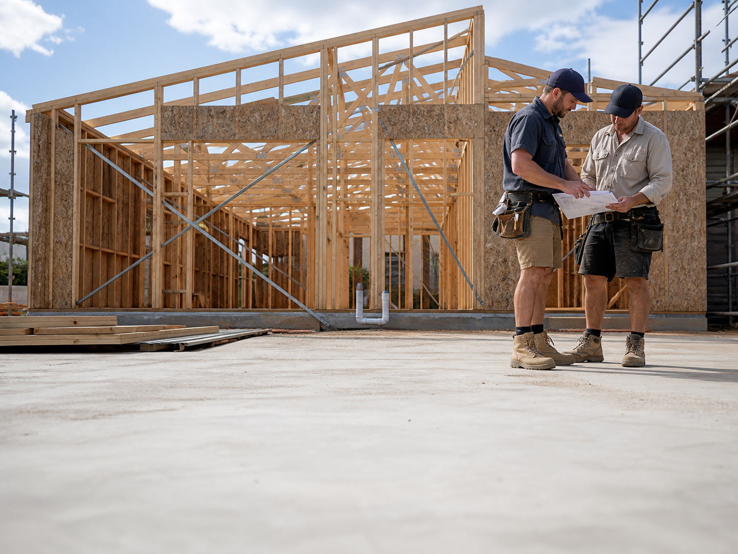 Builder and investor reviewing a progress payment schedule on a construction site