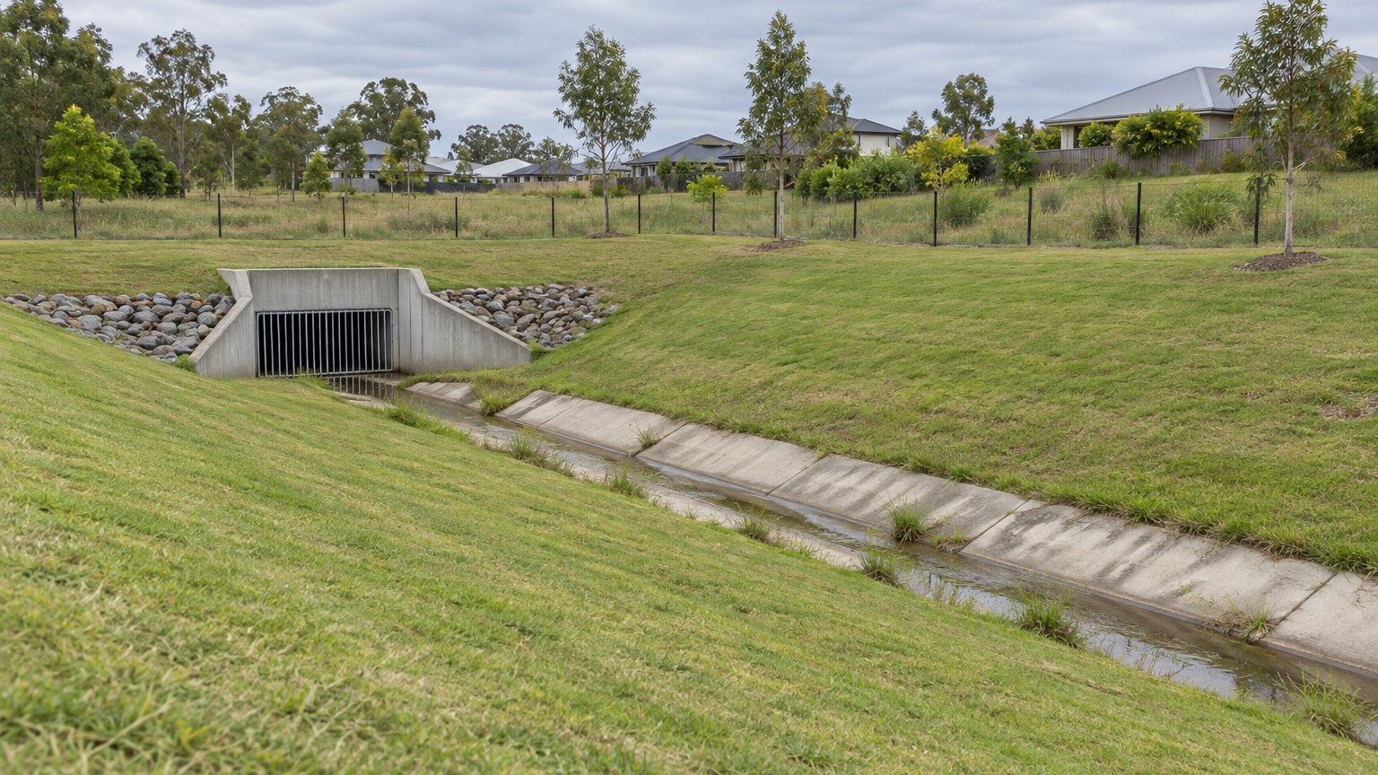 Grassed stormwater drainage basin with concrete channel and headwall