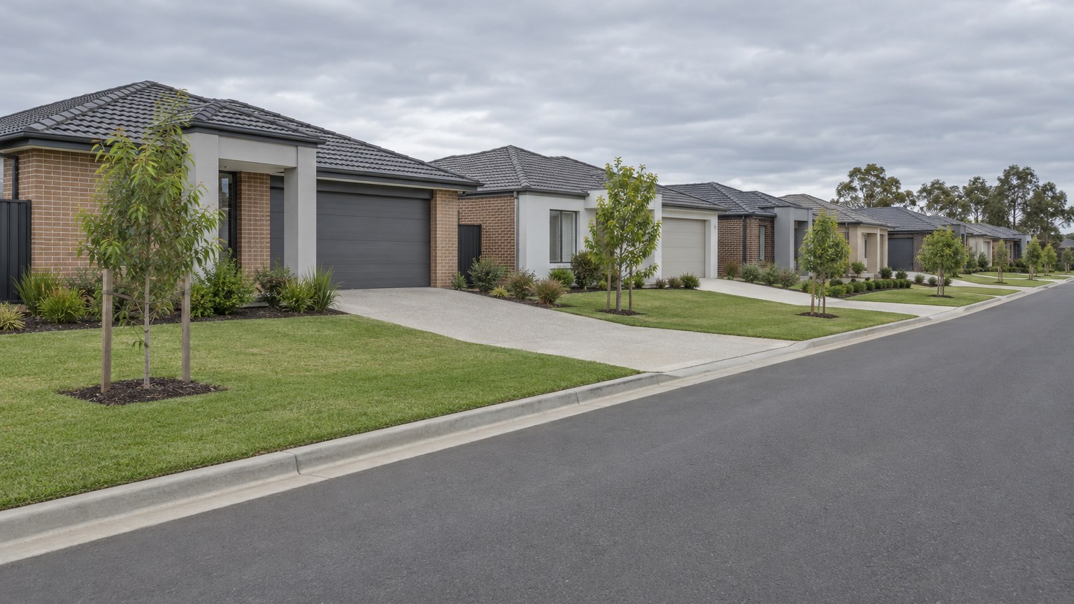 New single-storey homes with driveways on a recently completed suburban street