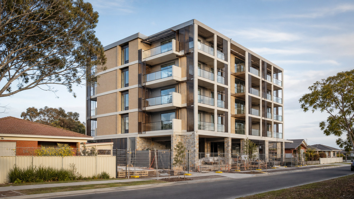 Conceptual five-storey affordable apartment project in Seaton under construction
