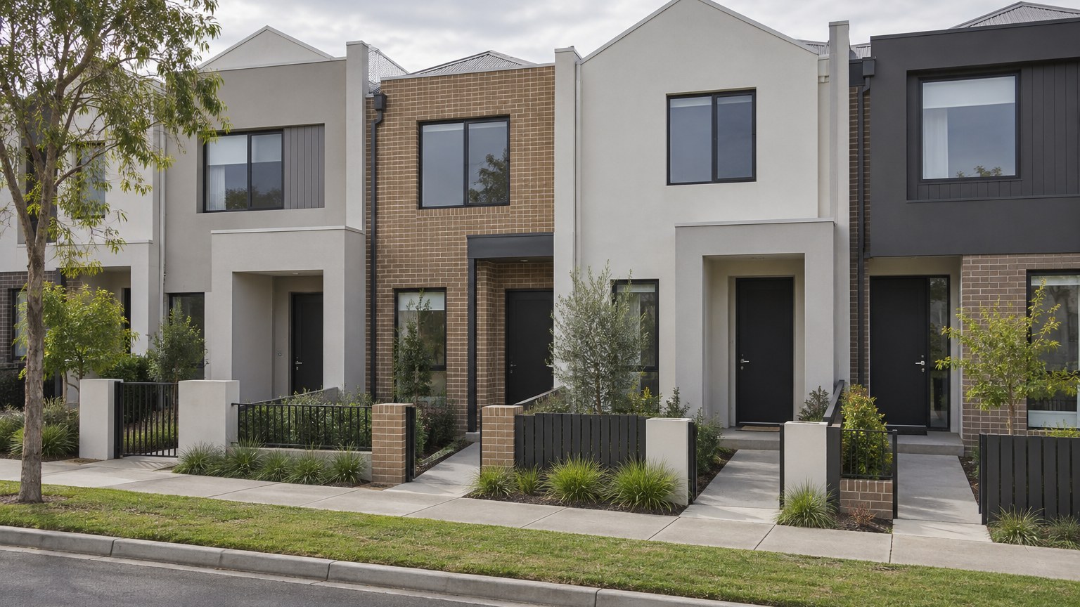 Row of newly completed narrow attached two-storey dwellings with separate entry paths along a suburban street