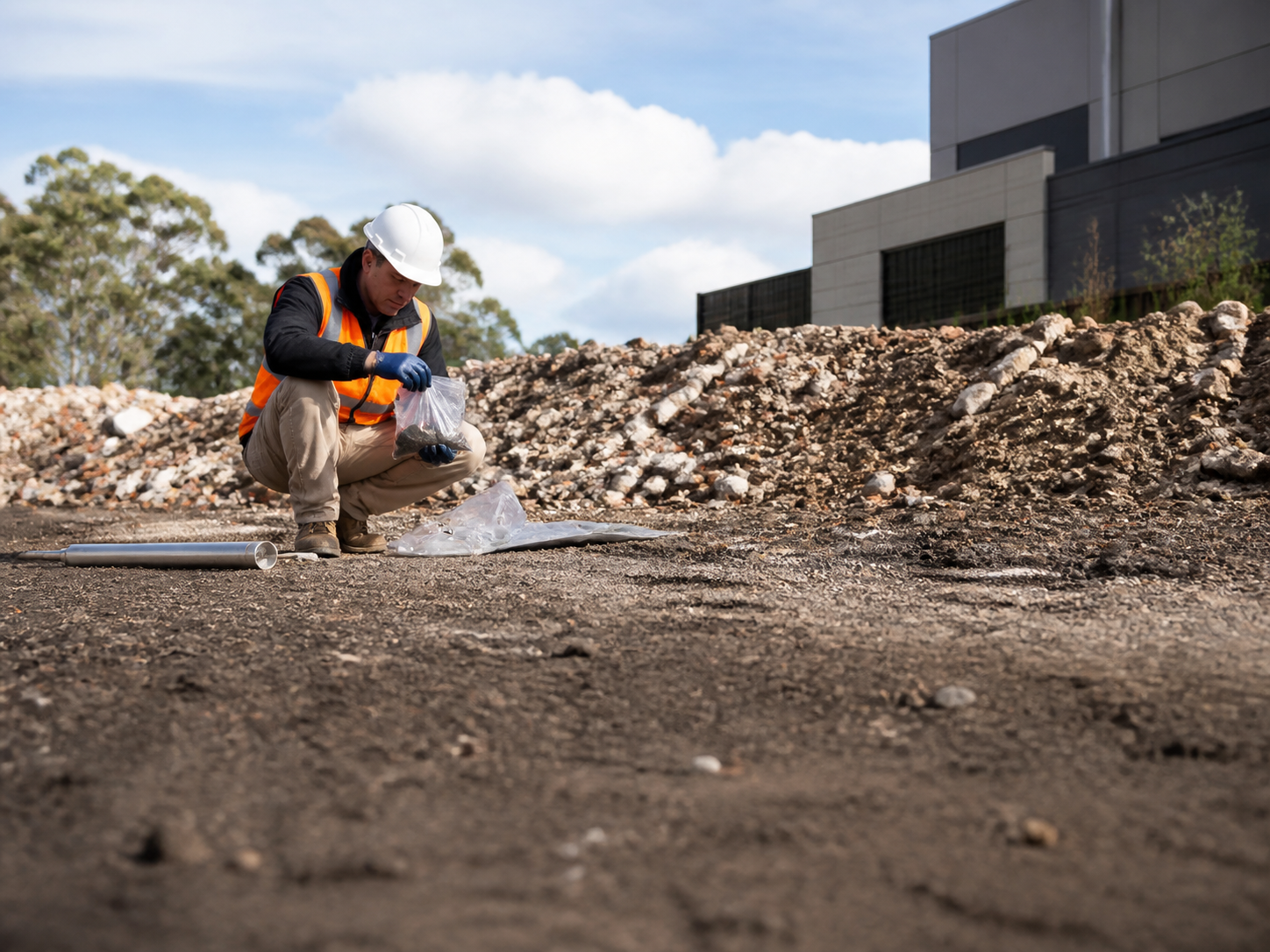 Soil sample being collected from a vacant property block for testing