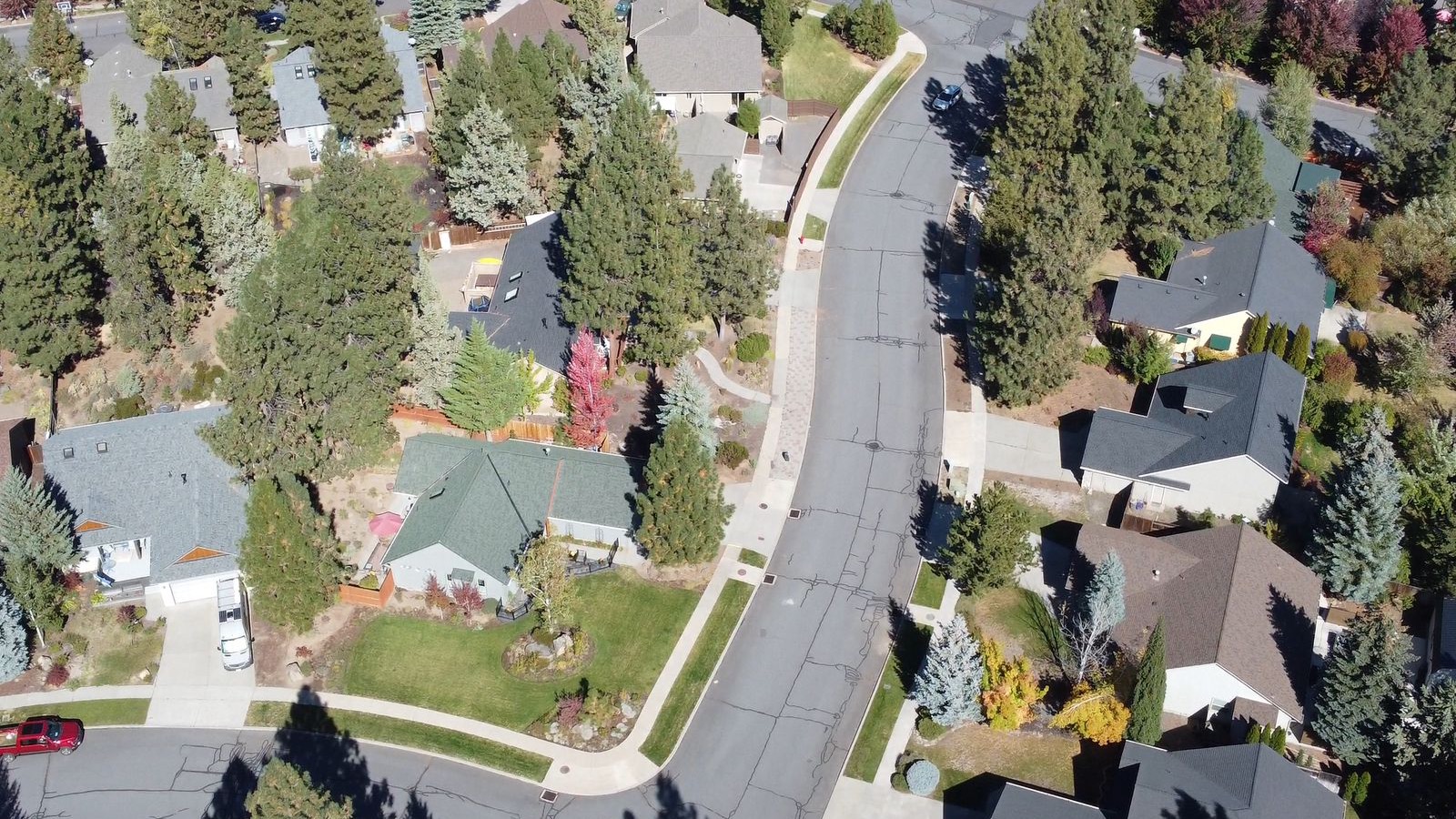 Aerial view of a leafy suburban neighbourhood with houses and curved streets