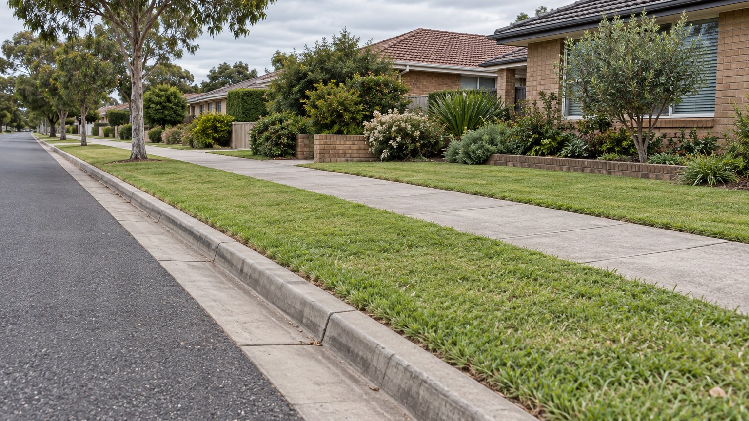 Kerb, gutter, footpath and grass verge along a suburban street