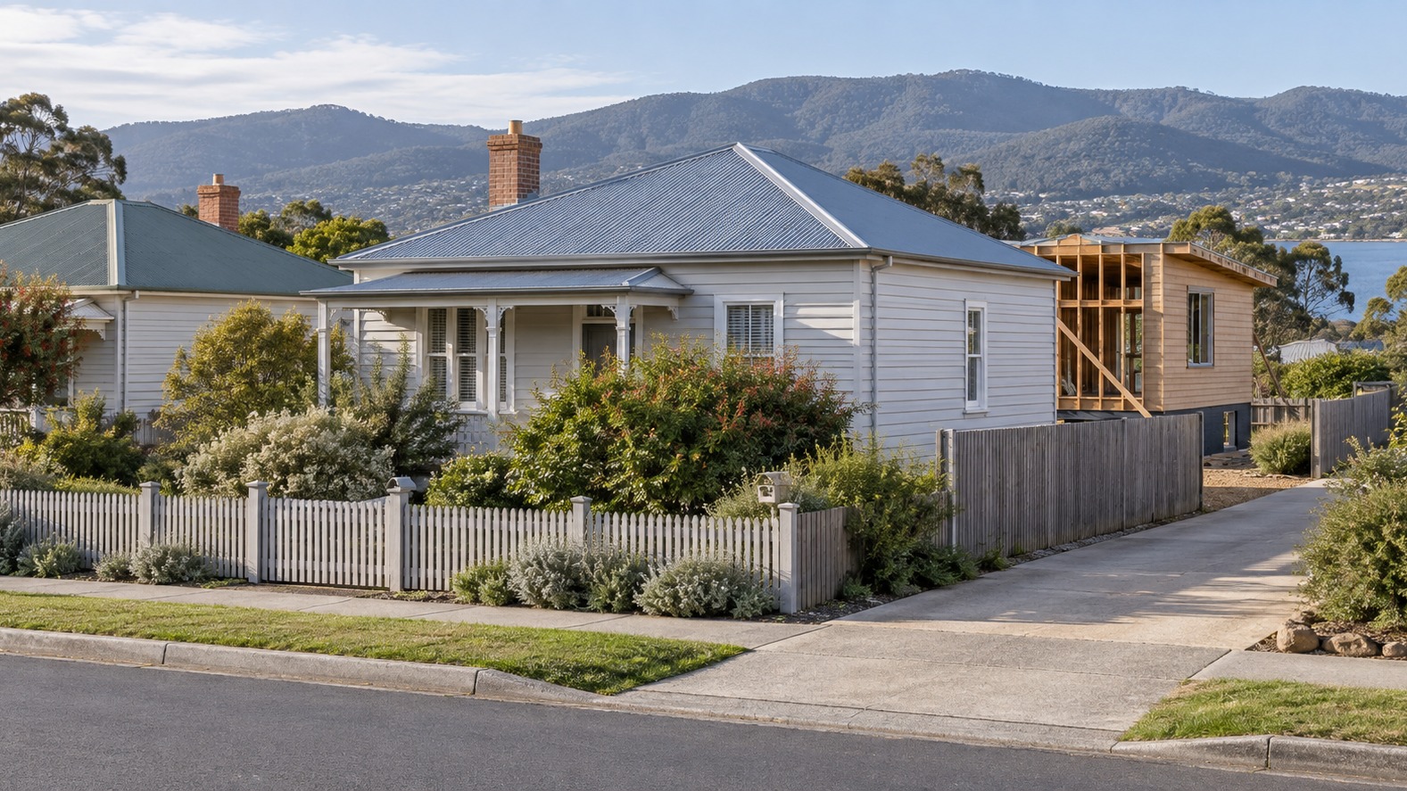 Tasmanian timber-clad suburban houses with a rear addition under construction
