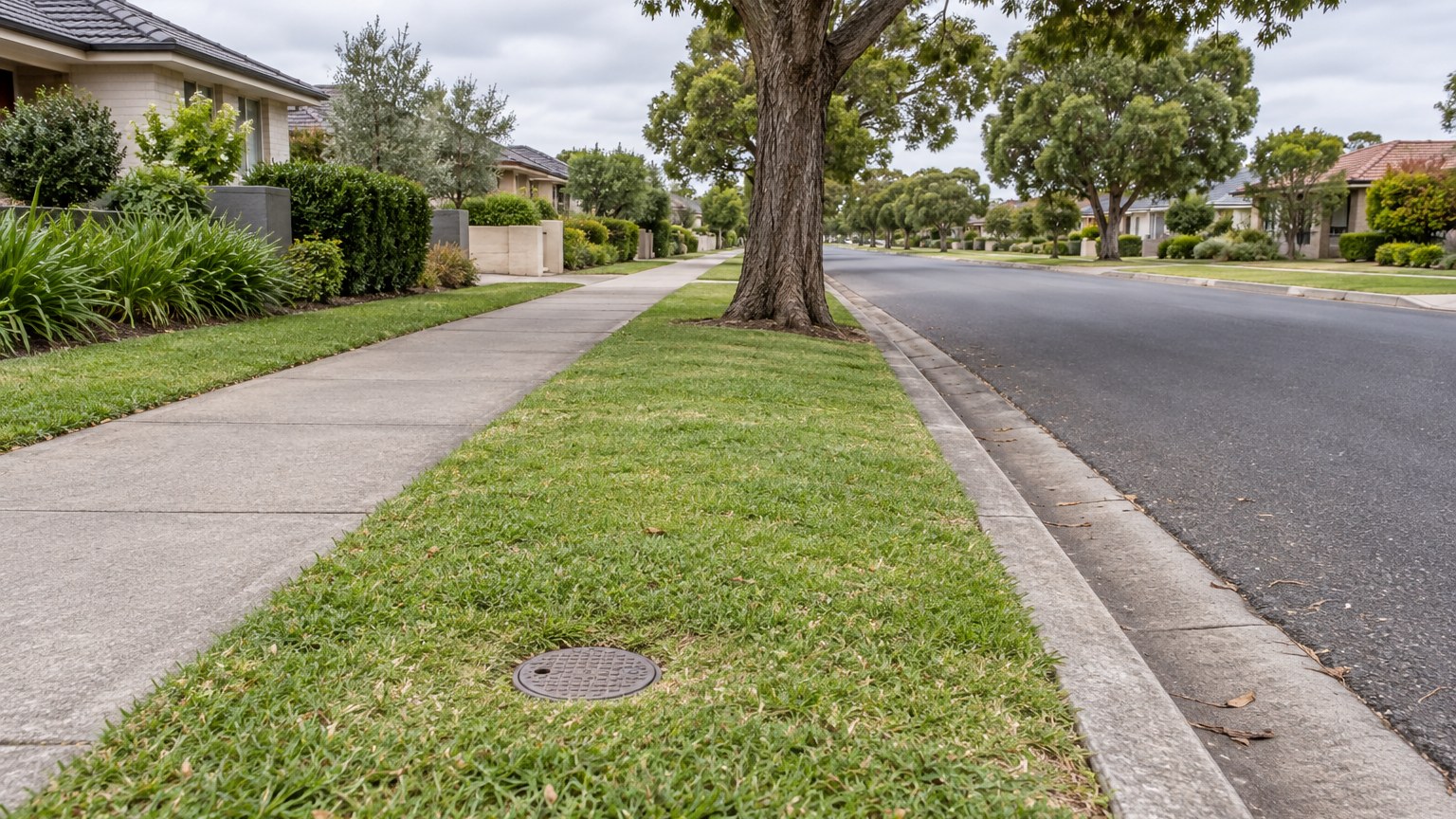 Illustrative view of a suburban street with a covered water main tap and pipework near a grassed verge